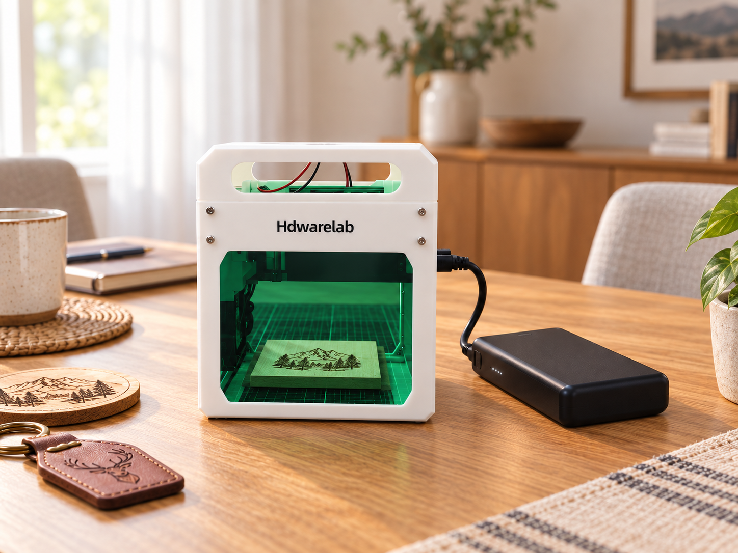 Engraver and power bank on an indoor desk