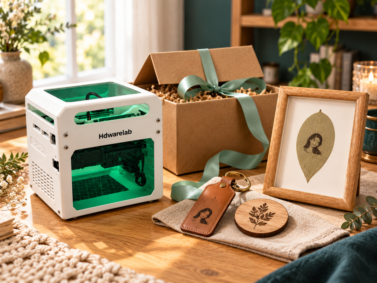 Mini engraver beside a gift box and personalized handmade crafts