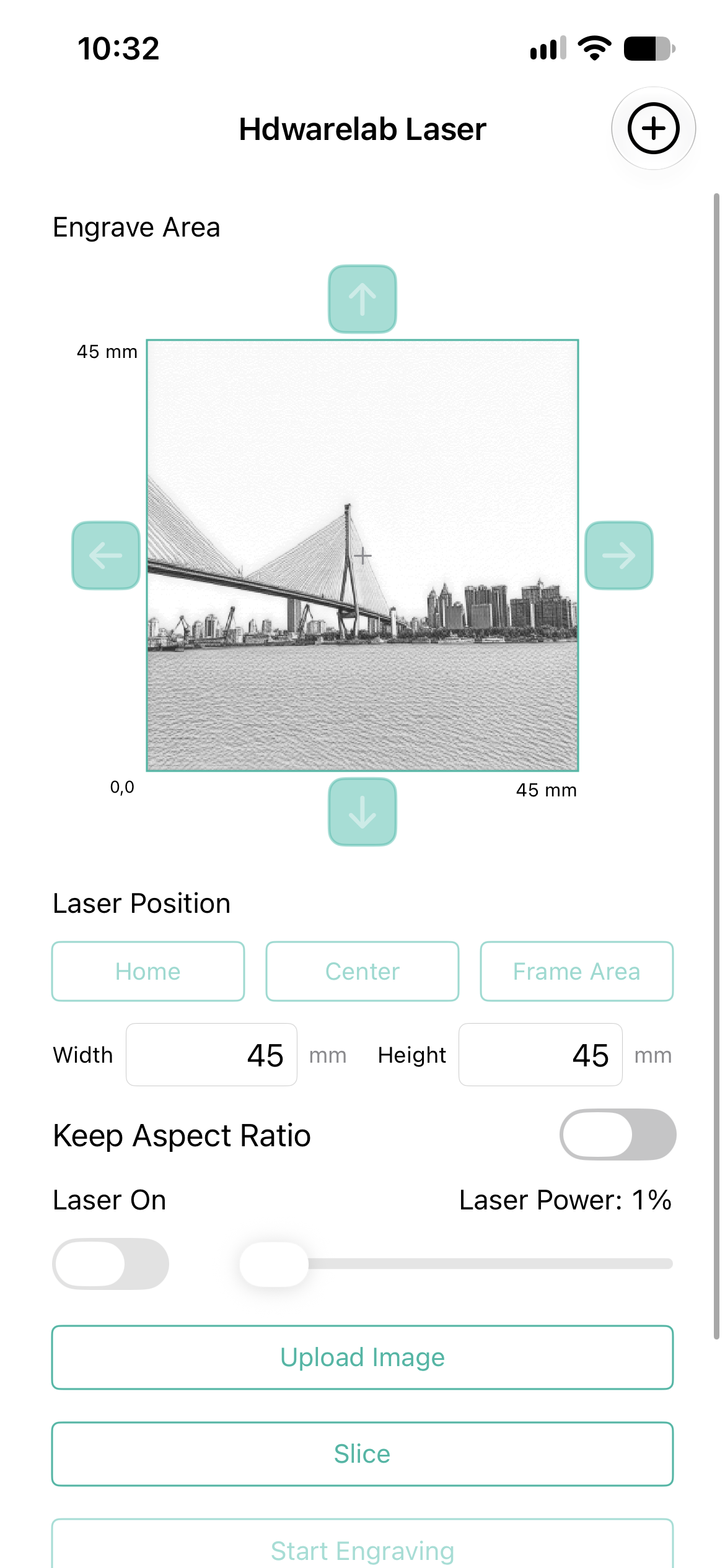 Hdwarelab App showing image positioning and slicing controls