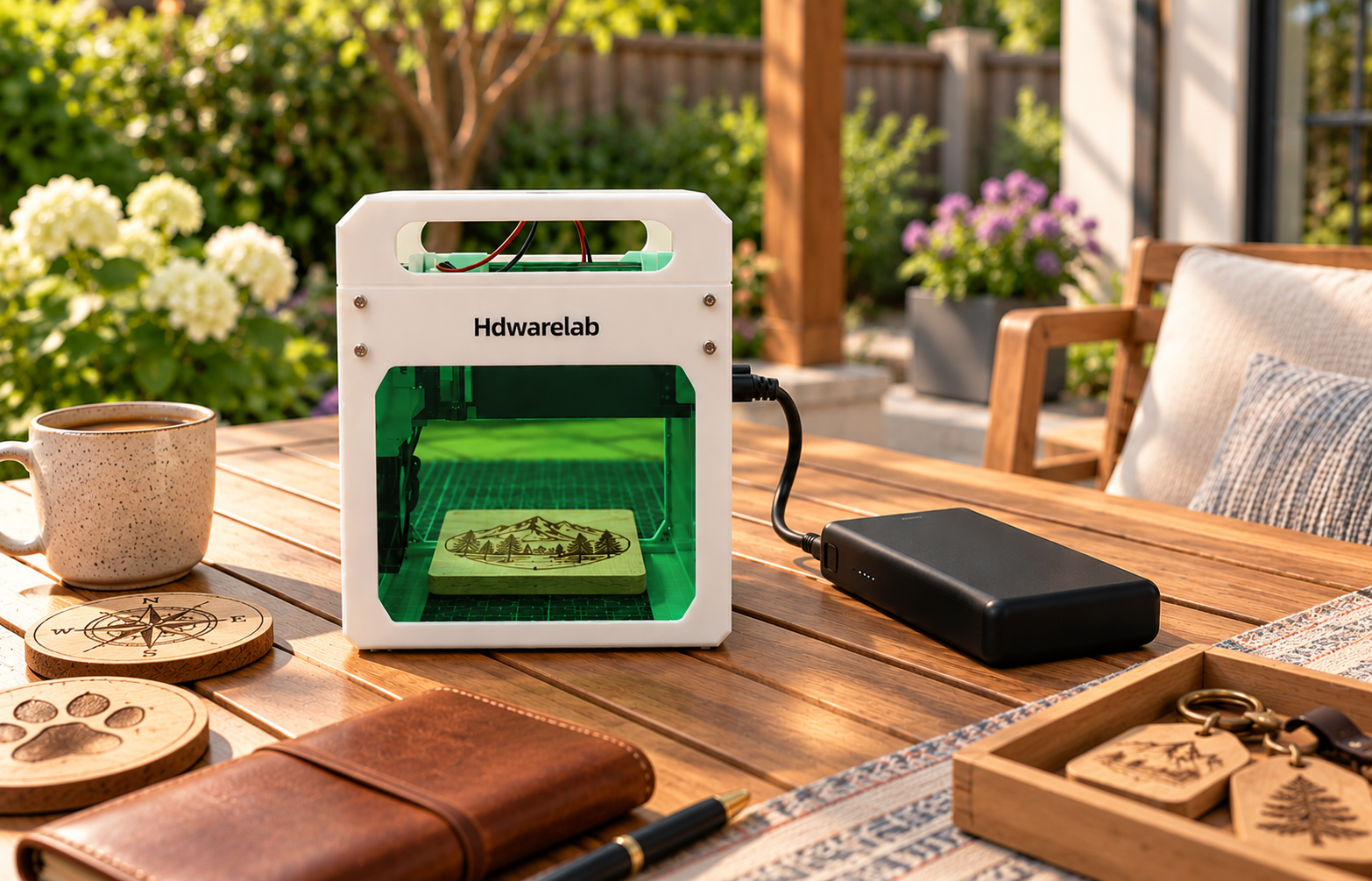 Engraver set up on a courtyard table