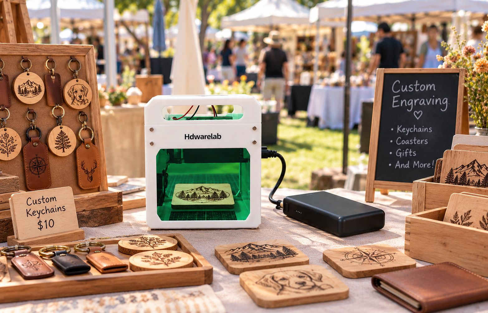 Portable engraving setup at a craft market