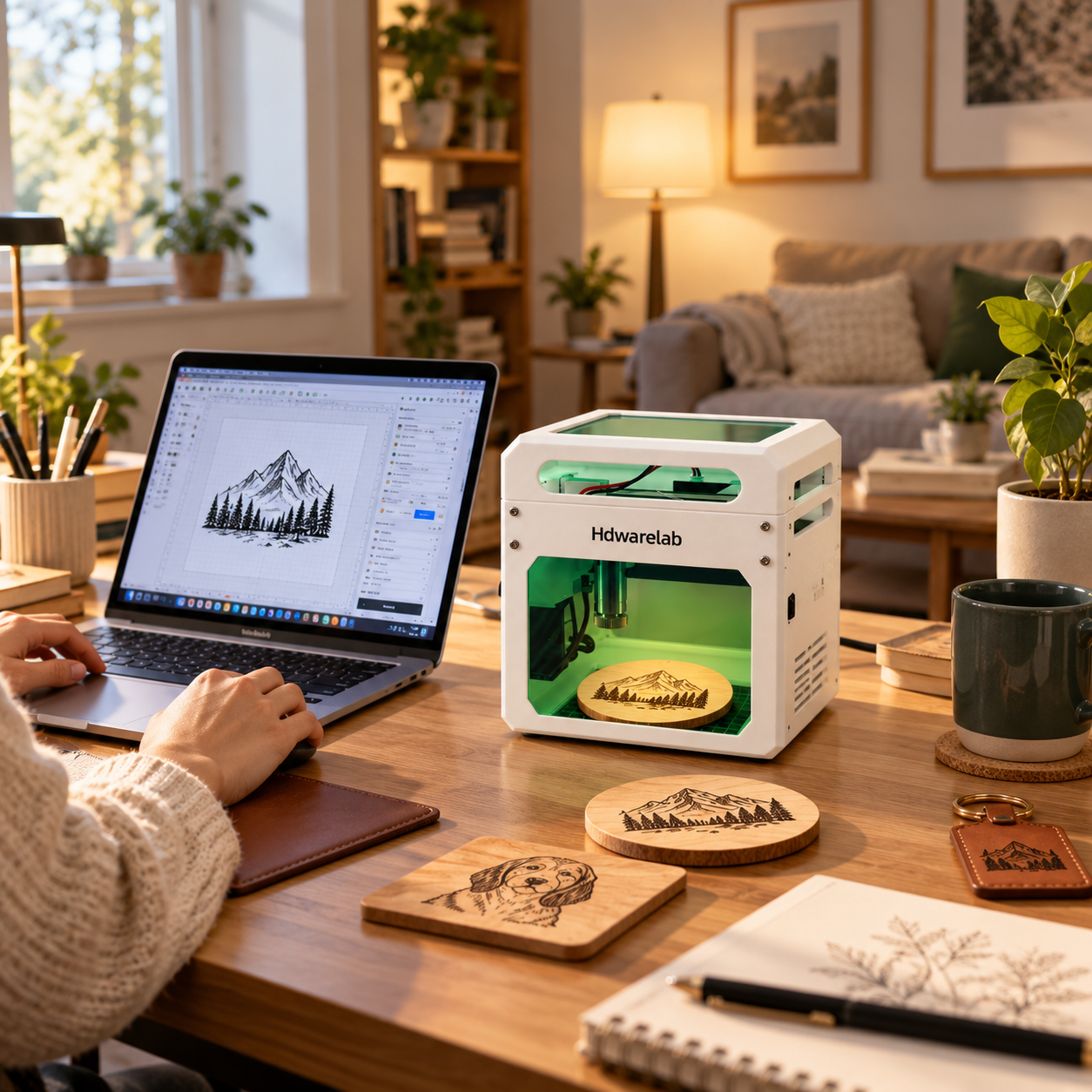 Compact Hdwarelab mini laser engraver on a home desk